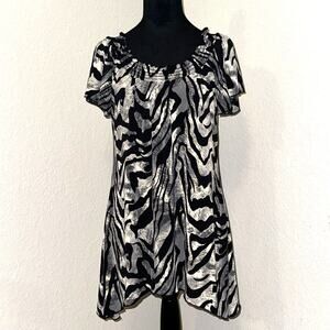 Y2K Agenda Top Women's Large Black White Zebra Print Short Sleeve Tunic Pullover